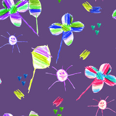 hand-drawn flowers, sun and leaves in a children's style, pattern on a purple seamless background for use in design, textiles, wrapping paper, wallpaper, paper utensils