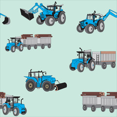 A seamless pattern with blue construction tractors on a green background