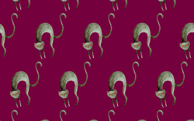 Watercolor Halloween seamless pattern.Hand painted illustration on magenta background. Angry cat.