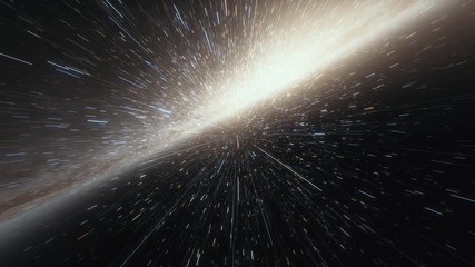 Camera on spaceship flies at the speed of light through a galaxy in space. Billions of stars in the Milky Way or Andromeda galaxy