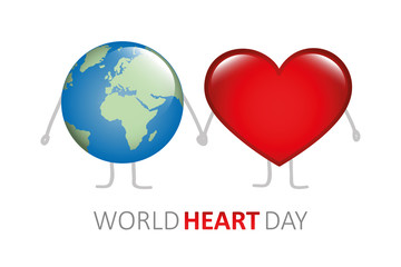world heart day earth and heart holding hands cartoon vector illustration EPS10