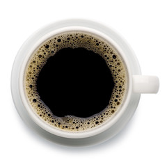 Top view of a black coffee in white cup with a saucer made of ceramic isolated on white background. Clipping path.
