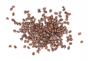 Roasted coffee beans isolated from a white background.