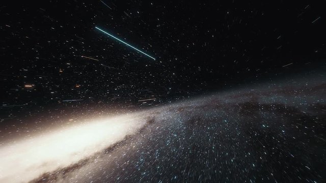 Camera on spaceship flies at the speed of light through a galaxy in space. Billions of stars in the Milky Way or Andromeda galaxy