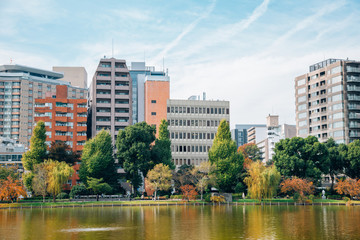 Fototapeta na wymiar Ueno park Shinobazu pond and modern buildings at autumn in Tokyo, Japan