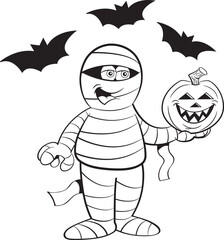 Black and white illustration of a happy mummy holding a pumpkin surrounded by bats.
