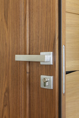 metal door handle and lock on wooden door