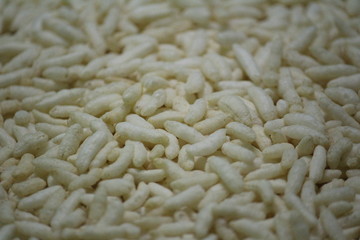close-up shot of lot of Puffed rice with white background
