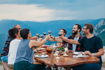 Friends and family gathered for picnic dinner for Thanksgiving. Festive young people celebrating life with red wine, grapes, cheese platter, and a selection of cold meats