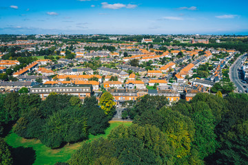 Fototapeta na wymiar Aerial drone view of Clontarf neighborhood in Dublin city. Aerial Irish city view.