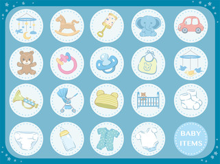 Newborn infant theme. Related items.  Baby care stuff, toys, clothes. Vector illustration.