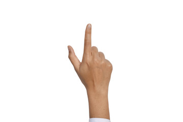 Woman hand touching or pointing to something isolated on white background.