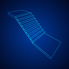 Wireframe stairs, interior staircases steps. Wireframe low poly mesh vector illustration.