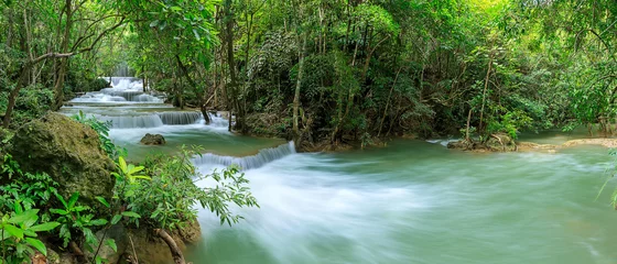 Gordijnen Bos rivier Huai Mae Khamin Waterfall level 1, Khuean Srinagarindra National Park, Kanchanaburi, Thailand, panorama  © wirojsid