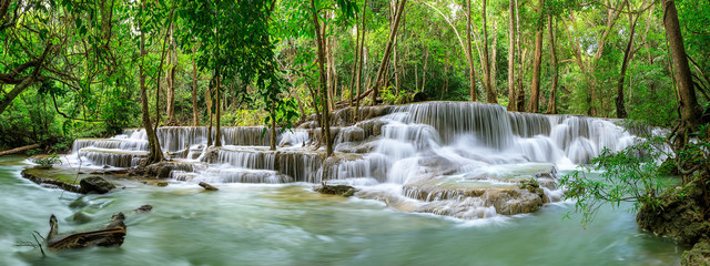 Huai Mae Khamin Waterfall level 6, Khuean Srinagarindra National Park, Kanchanaburi, Thailand; panorama
