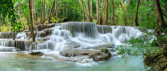 Huai Mae Khamin Waterfall level 6, Khuean Srinagarindra National Park, Kanchanaburi, Thailand; panorama - obrazy, fototapety, plakaty