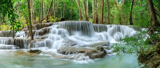 Fototapeten Huai Mae Khamin Waterfall level 6, Khuean Srinagarindra National Park, Kanchanaburi, Thailand  panorama © wirojsid