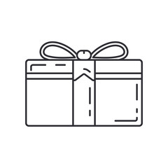 Line gift box with ribbon icon. Present, giftbox. Party celebration, holidays event, carnival party element icon. Children happiness. Bargain shop packaging. Vector linear illustration vintage object.