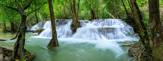 Huai Mae Khamin Waterfall level 7, Khuean Srinagarindra National Park, Kanchanaburi, Thailand; panorama