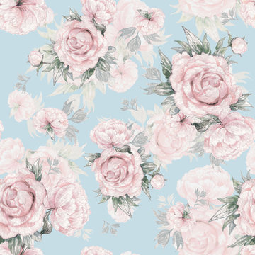 Watercolor hand-drawn beautiful seamless pattern with bouquets of bright peonies and foliage K