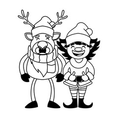 reindeer and elf with hat on white background