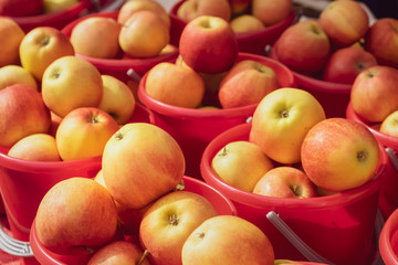 Fresh ripe apples for sale in buckets,at an outdoor market