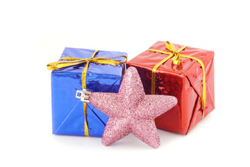 Christmas and happy new year blue, red glitter gift box and star decorations isolated white background