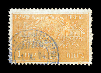 Cancelled postage stamp printed by Serbia, that shows Uprise in Oraschatz in 1804, circa 1904.