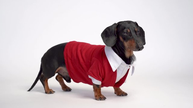 Dachshund dog, black and tan, dressed scientist costume, white shirt and red jacket, isolated on white background