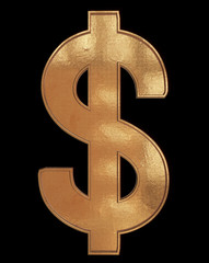 Gold dollar symbol isolated on black background with clipping path.