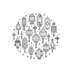 Vector set of asian street and chinese holiday lanterns