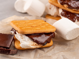 S'more on a gray surface with flowing chocolate.