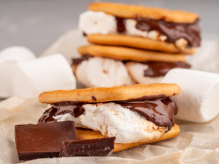 S'more on a gray surface with flowing chocolate.