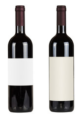 Set of two bottles with blank labels of red wine isolated on white background