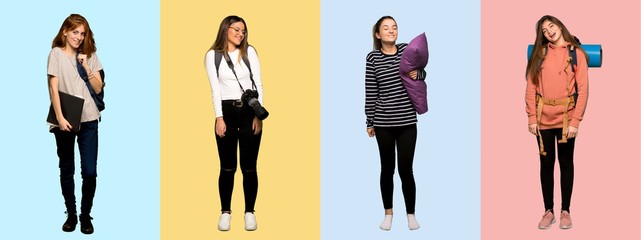 Set of travel woman, photographer, student and in pajamas happy and smiling