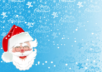 Merry Christmas and happy new year. Christmas card with Santa Claus. On a blue background inscriptions and toys for the holidays: teddy bear, snowman, stars, snowflakes, confetti. Xmas greeting card