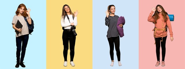 Set of travel woman, photographer, student and in pajamas showing an ok sign with fingers