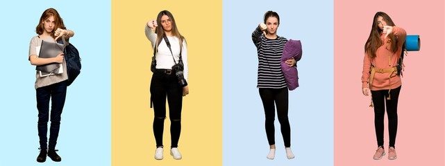 Set of travel woman, photographer, student and in pajamas showing thumb down sign with negative expression