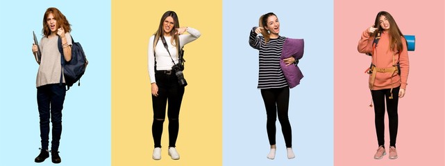 Obraz premium Set of travel woman, photographer, student and in pajamas frustrated by a bad situation and pointing to the front