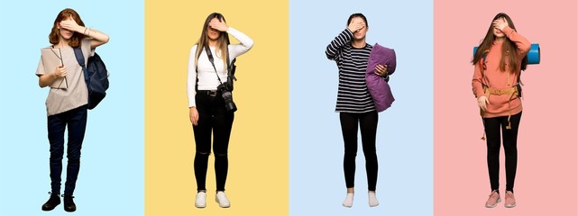 Set of travel woman, photographer, student and in pajamas covering eyes by hands. Do not want to see something