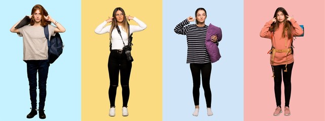 Set of travel woman, photographer, student and in pajamas covering both ears with hands
