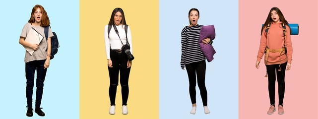Fototapeta premium Set of travel woman, photographer, student and in pajamas with surprise and shocked facial expression