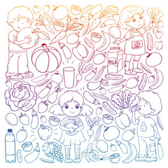 Vector pattern with children eating healthy food. Fruits and vegetables. Kids like milk, dairy products. Pattern for store, mall, menu, cafe, restaurants.