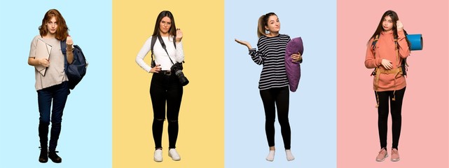 Set of travel woman, photographer, student and in pajamas making Italian gesture
