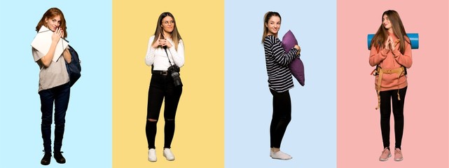 Set of travel woman, photographer, student and in pajamas scheming something
