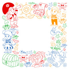 Vector set with pirate elements for birthday party for little children. Kids pattern with octopus, beach, treasure chest, ship