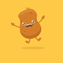 vector funny cartoon cute smiling tiny potato isolated on yellow background. vegetable funky character