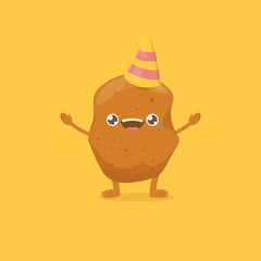 Fototapeta premium vector funny cartoon cute smiling tiny potato isolated on yellow background. vegetable funky character