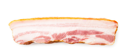 Piece of smoked pork neck on a white background, isolated. The view of the top.
