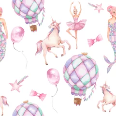 Fototapete Einhorn Aquarell nahtlose Muster mit Heißluftballon, Meerjungfrau und Sternen. Handgezeichnete Vintage-Textur mit Einhorn, Heißluftballon, Flaggengirlanden, Ballerina-Puppe und Sternen.